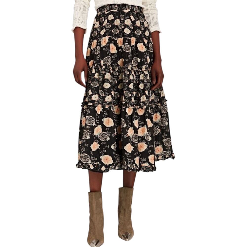 Ulla Johnson Tulia Floral Tiered Midi Skirt Black Ruffle Lined Boho Sz 2 Resort